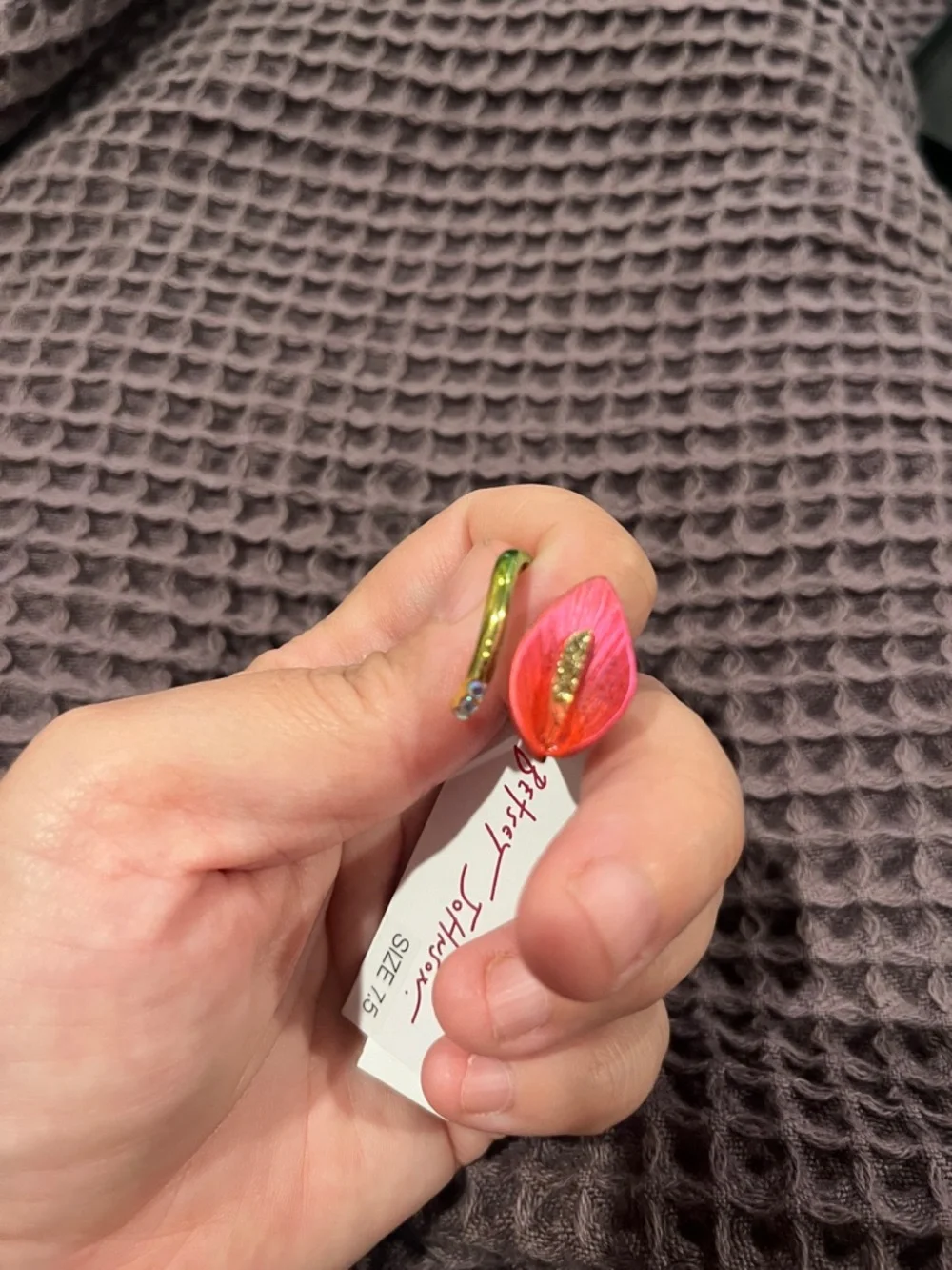 Betsey Johnson Hot Pink Leaf Drop ring calla Lilly flower size 7.5